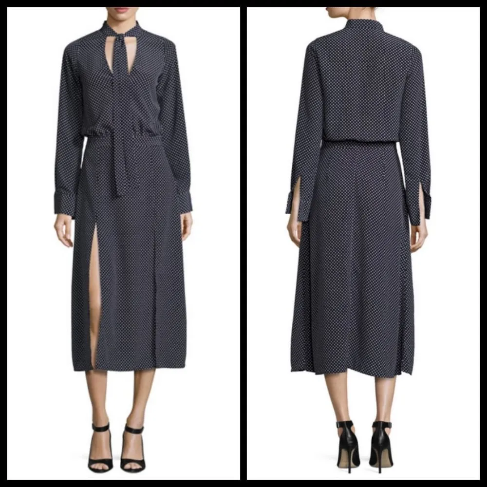 💕ALEXIS💕 Noelle Polka-dot Tie-neck Slit Midi Dress ~ Navy Blue XS - Image 6