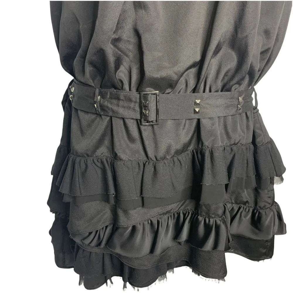 Vintage 90s Dropped Waist Ruffle Dress L Black Sleeveless Studded Belt - Image 3
