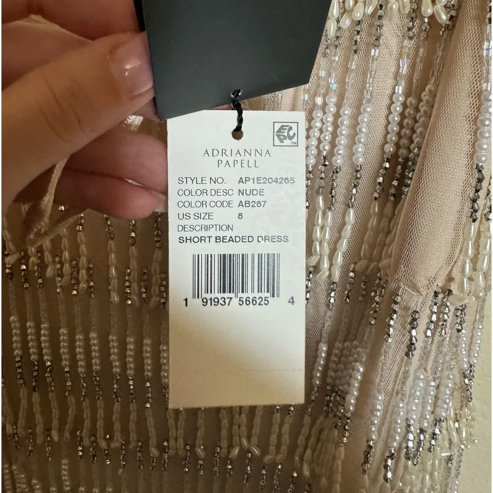 Adrianna Papell Short Beaded Tassel Dress Size 8‎ NEW Nude Cream Gold - Image 10