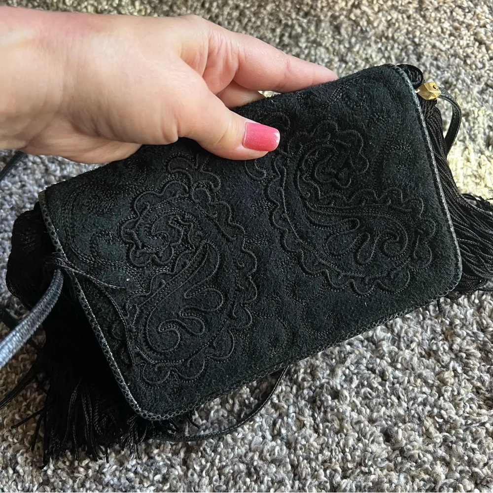 Judith Leiber vintage embroidered Suede evening mini bag with tassles, black - Image 8