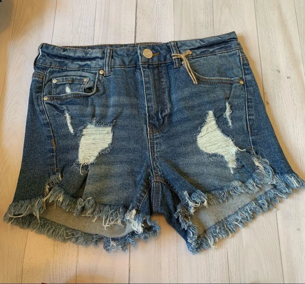 Indigo Rein Distressed Denim Shorts Size 5/26 Blue Frayed Raw Hem - Image 2