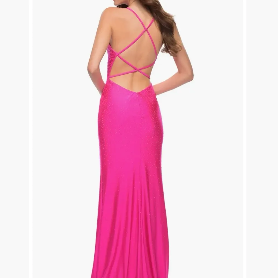 NWT La Femme Rhinestone Plunge Neck Gown Neon Pink Sz 4‎ $408 - Image 5