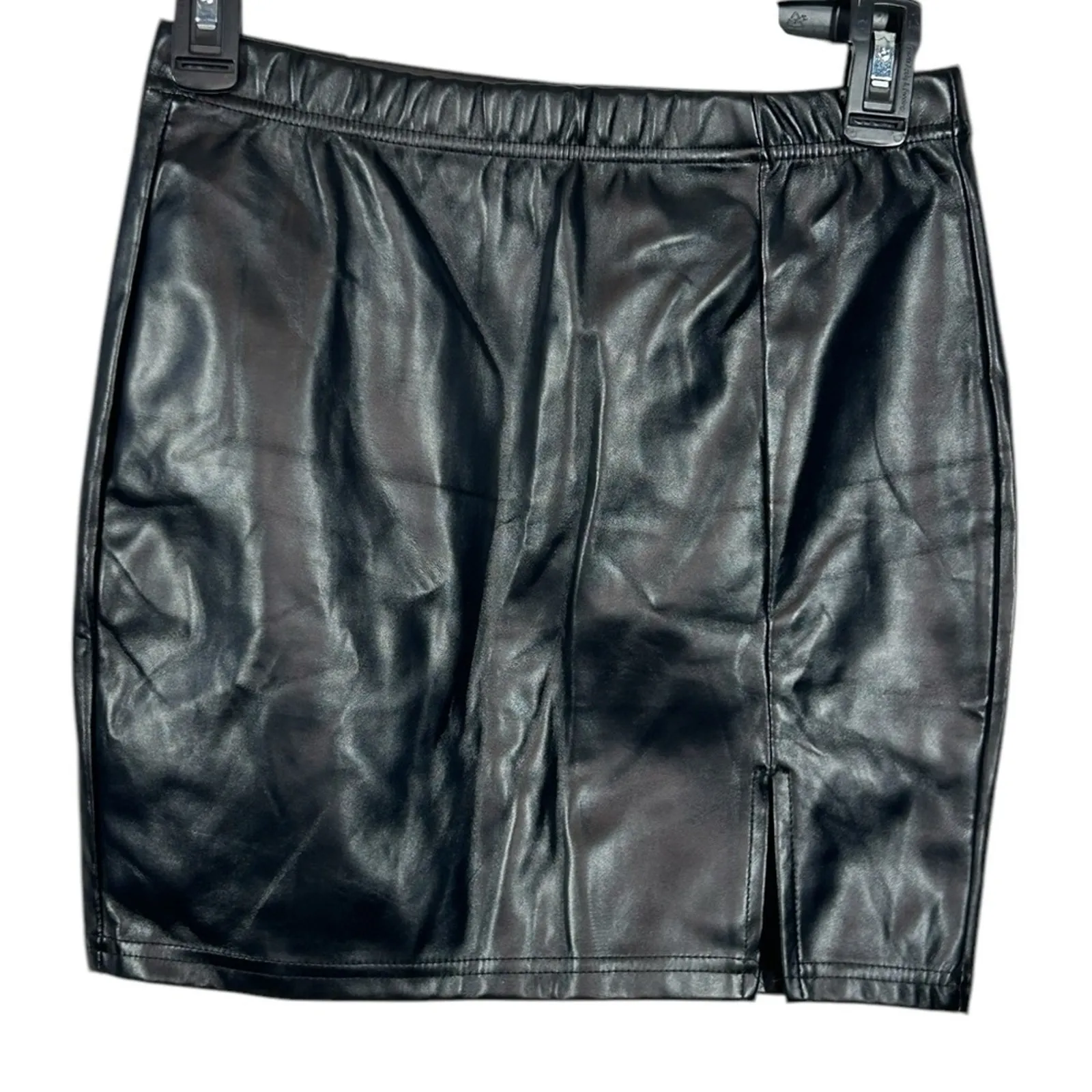 Canton Walker Black Faux Leather Mini Skirt Front Slit Clubwear Size Small - Image 2