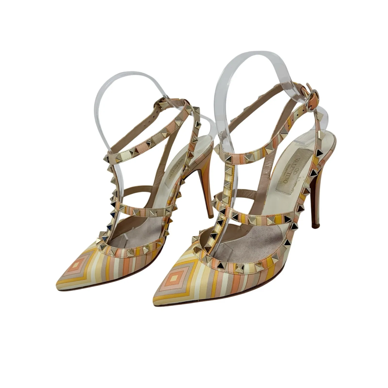 Valentino Garavani 1973 Rockstud Rainbow Chevron T-Strap Pointed Toe Pump 37 EU - Image 4