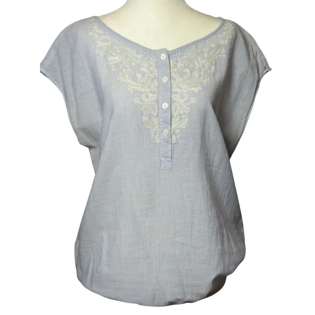 Loft Womens Cap Sleeve Blouse With Embroidered Front Button Placket Blue Size M - Image 2