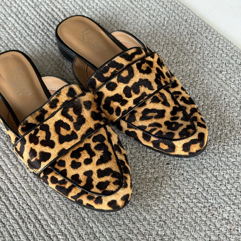 Franco Sarto Leopard Print Genuine Calf Hair Leather Loafer Mules Slides Sz 7 - Image 6