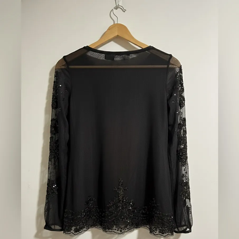 White House Black Market Black Sequin Embellished Sheer Black Formal Blouse - Image 3