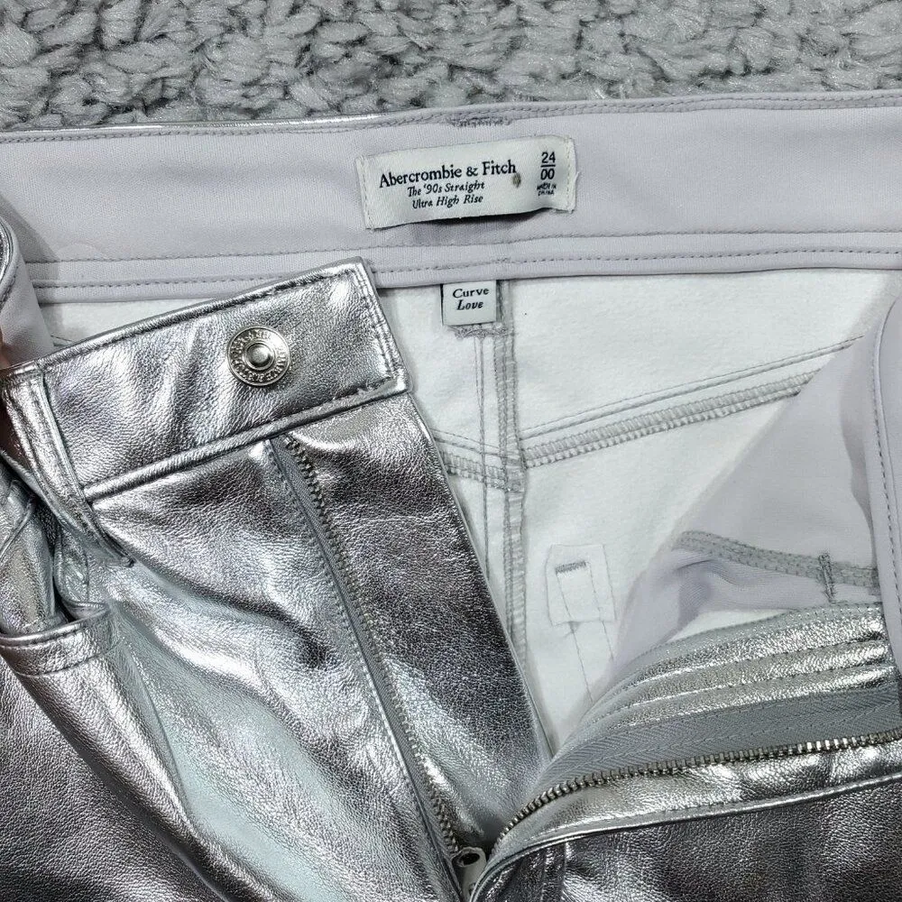 Abercrombie Curve Love 90's Straight Ultra High Rise Pants Vegan Leather Silver - Image 7