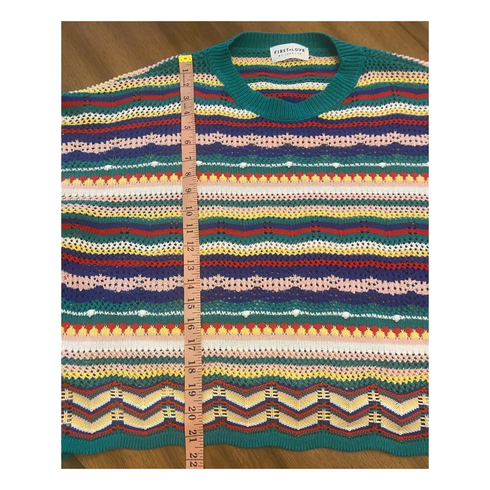 First Love Multicolor Crochet Open Knit Sweater Size Large Boho Retro Layering - Image 7