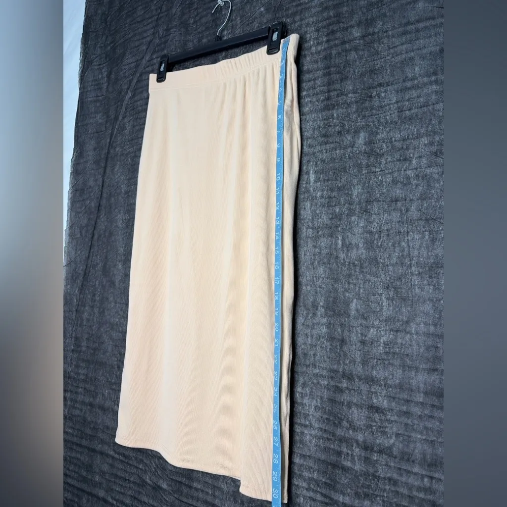 Real Essentials Ribbed Midi Skirt Women Medium Cream Stretch Pencil(A225) - Image 3