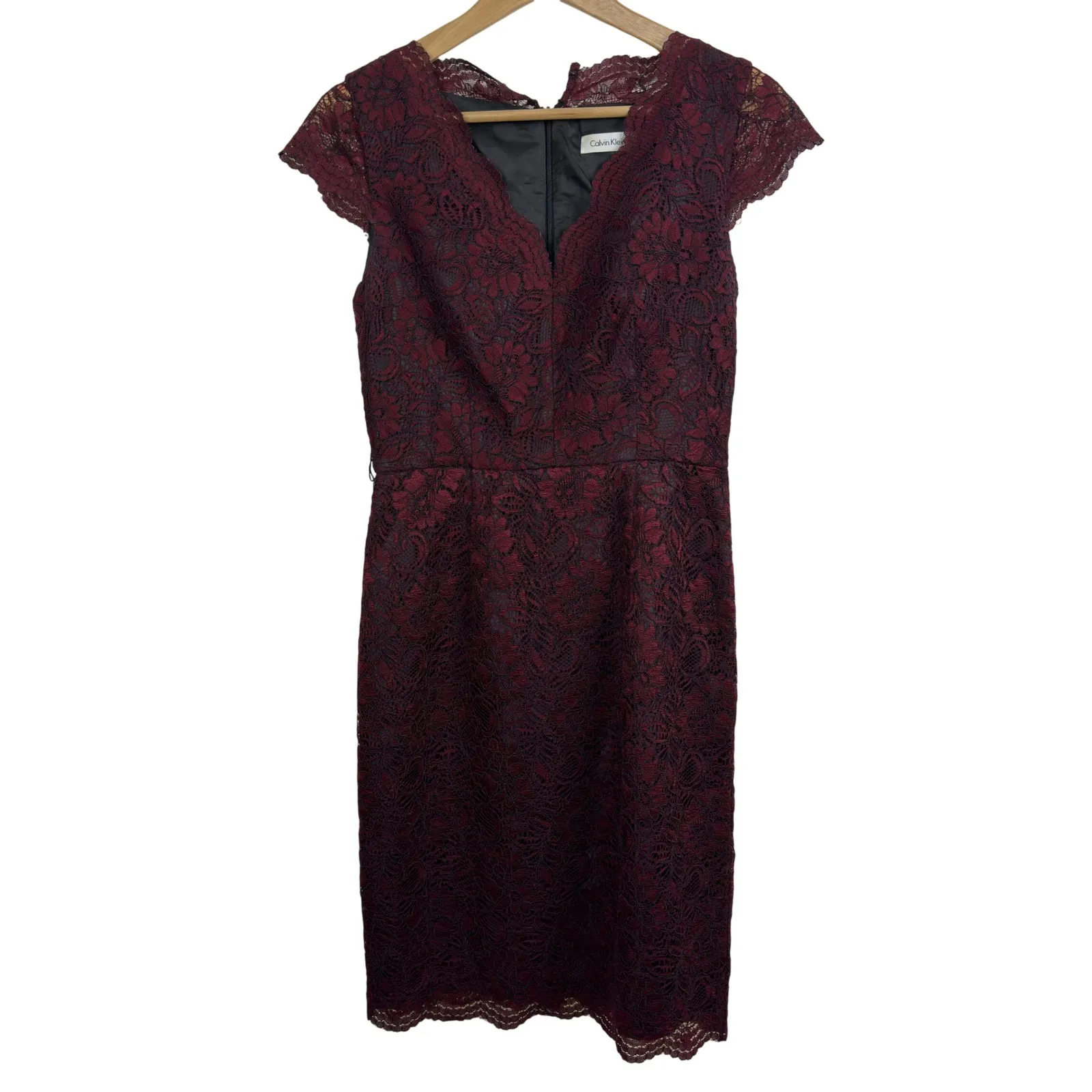Calvin Klein Burgundy Lace Sheath Dress V Neck Cap Sleeve Formal Cocktail Size M - Image 2