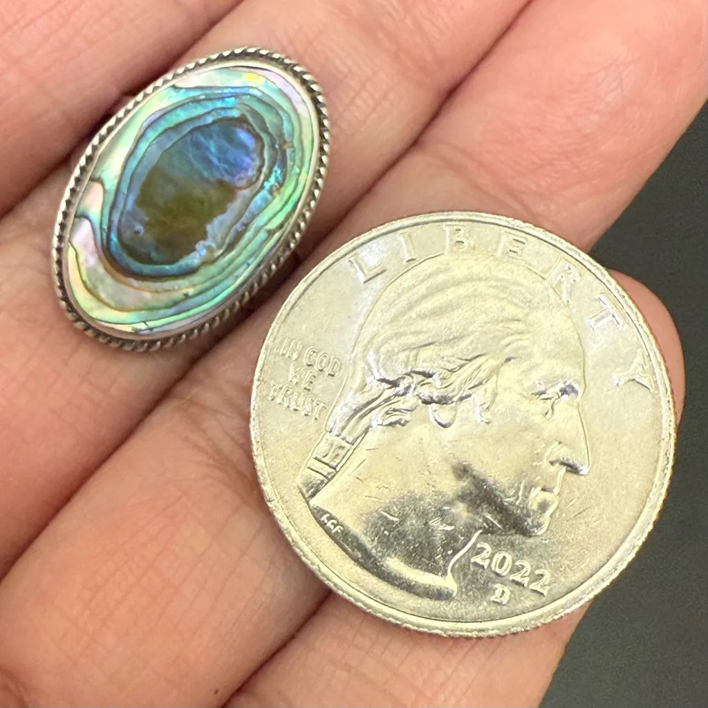 Vintage Signed Mexican Silver Oval Abalone Shell Women’s Ring Size 5 3g. Blue - Image 5