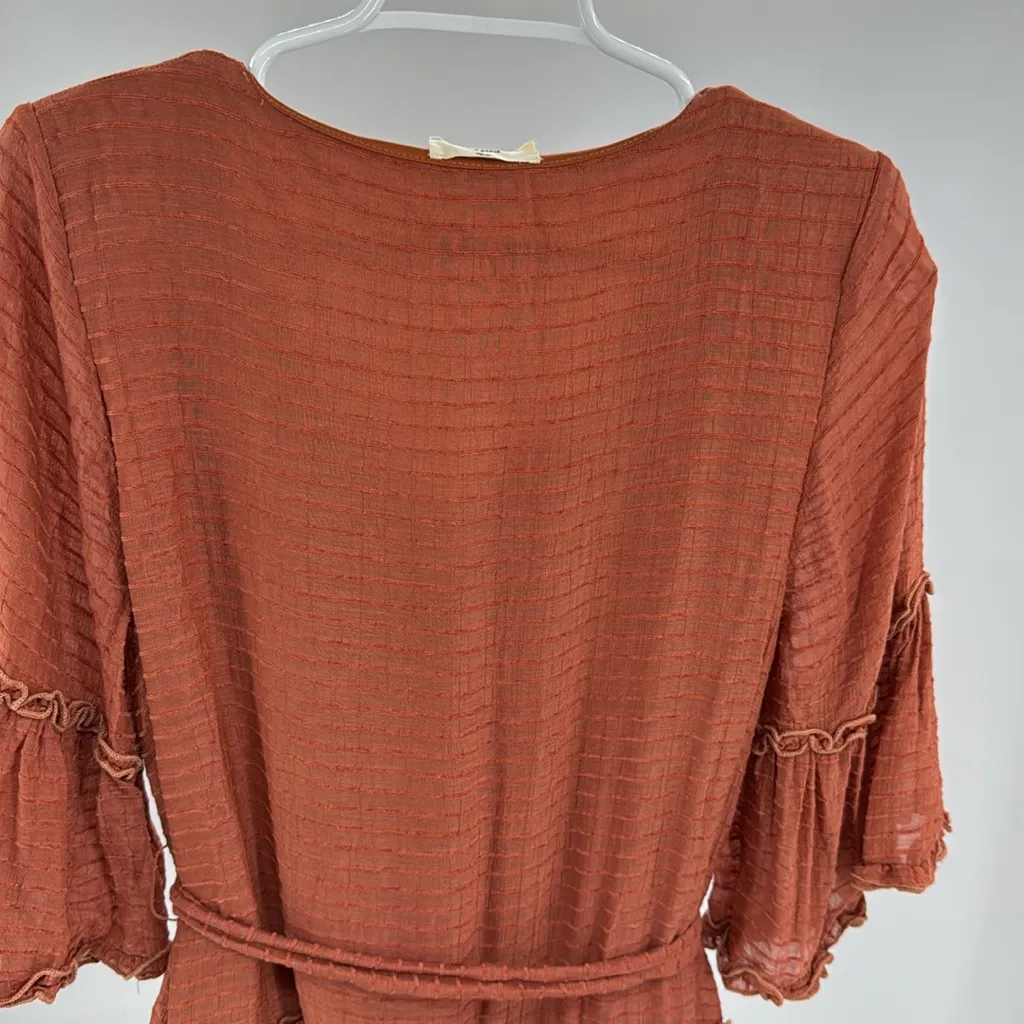 Entro Terracotta V-Neck textured tiered lined Dress S rust puff long sleeve - Image 10