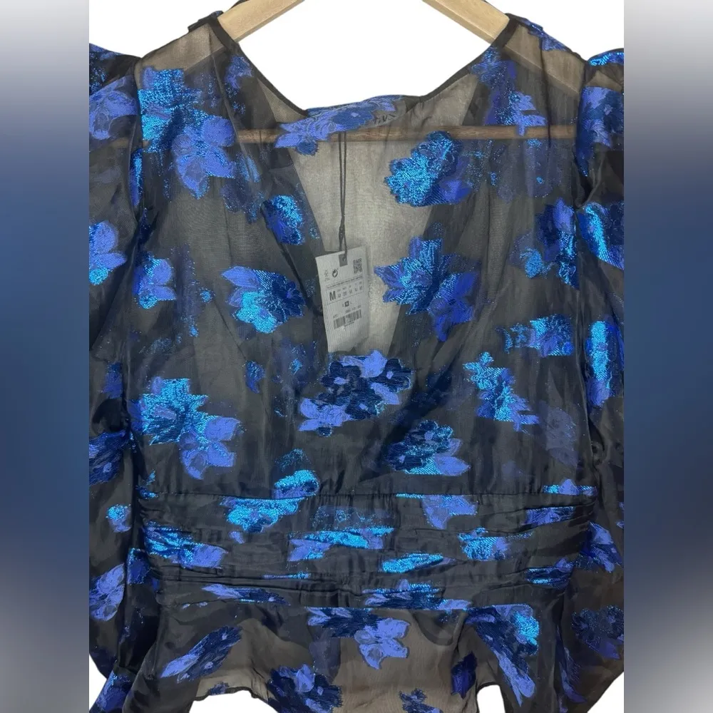 Zara Metallic Floral Sparkly Puff Sleeve Organza Blouse Size M - Image 6