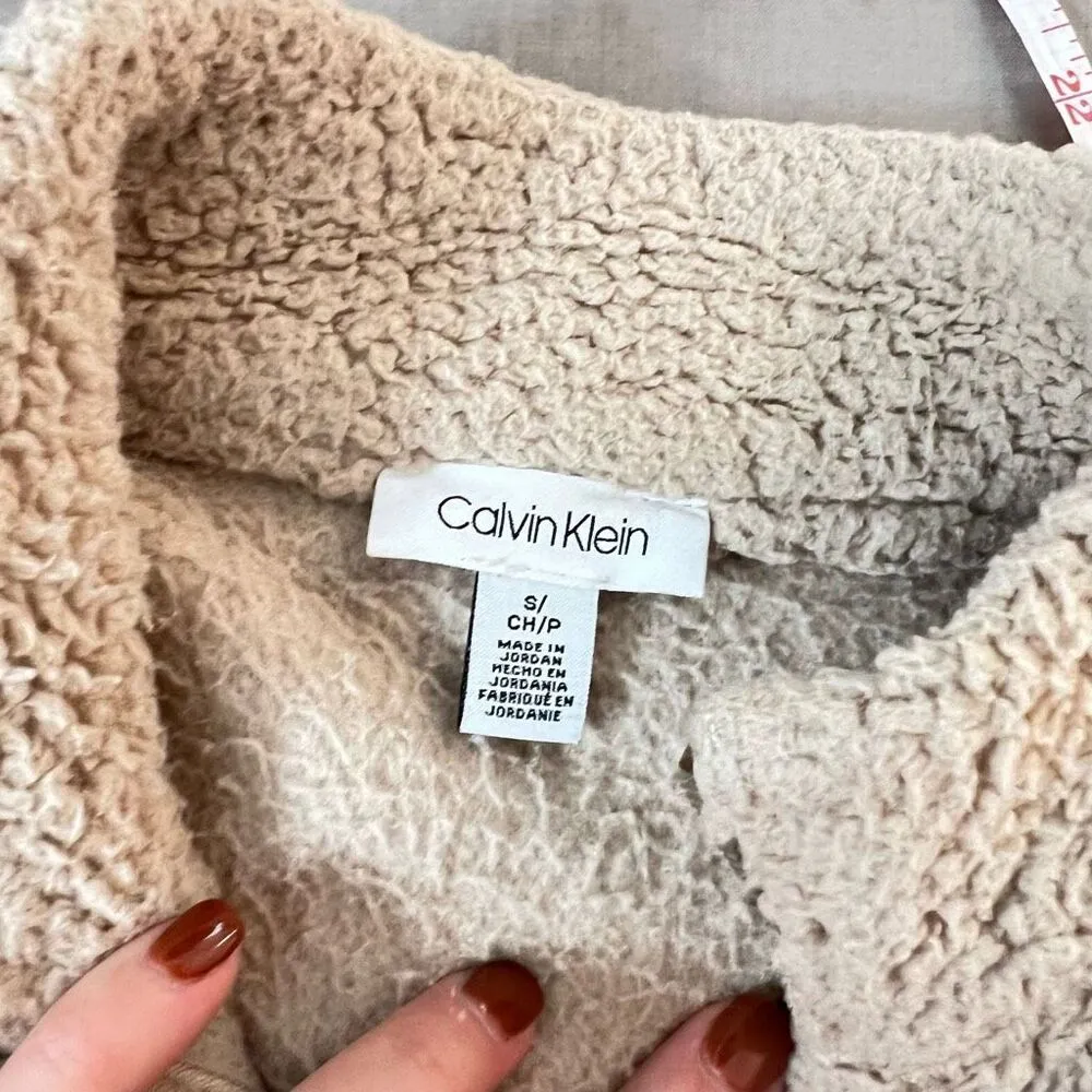 Calvin Klein Beige Sherpa Full Zipper Mock Neck Teddy Jacket Size Small - Image 8