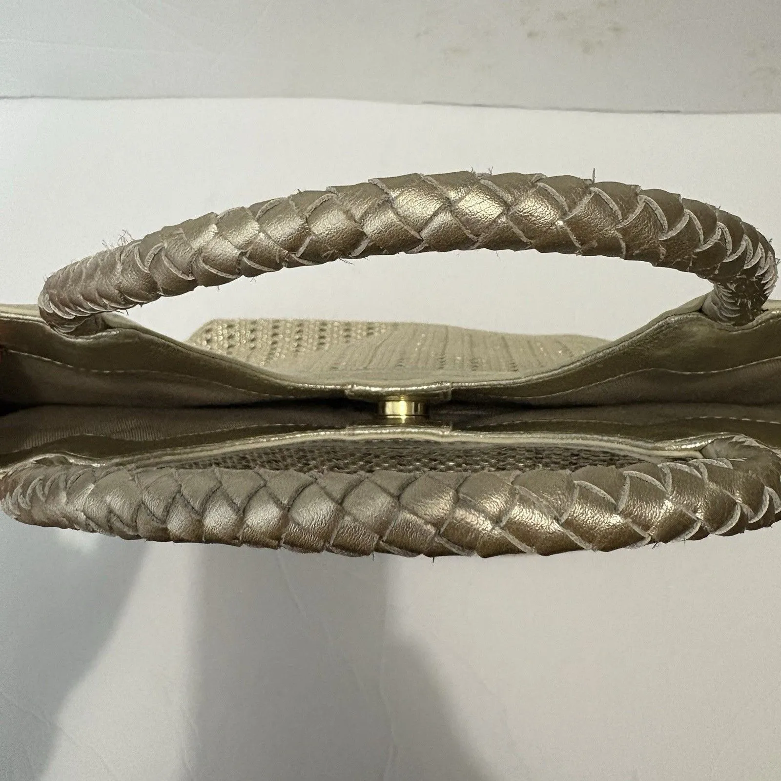 Talbots Metallic Gold Tone Woven Look Tote Bag Double Handle Purse Holiday Party - Image 6