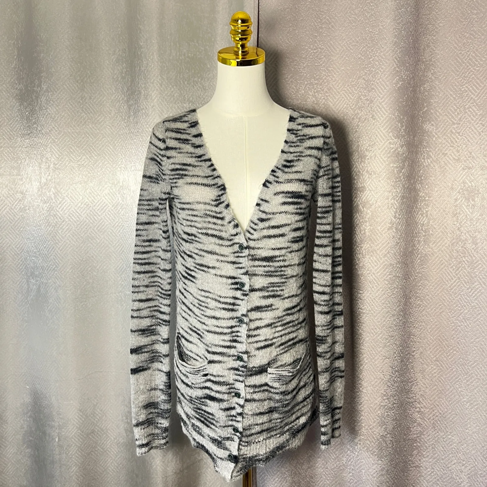 Free People Beach Cardigan Gray Black Striped Knit Button Up Sweater M - Image 3