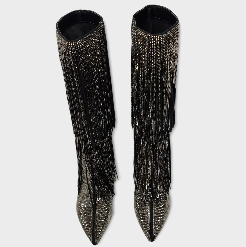 INC International Concepts Is Black and Silver Bling Fringe Heeled Boots Sz 9.5 - Image 8