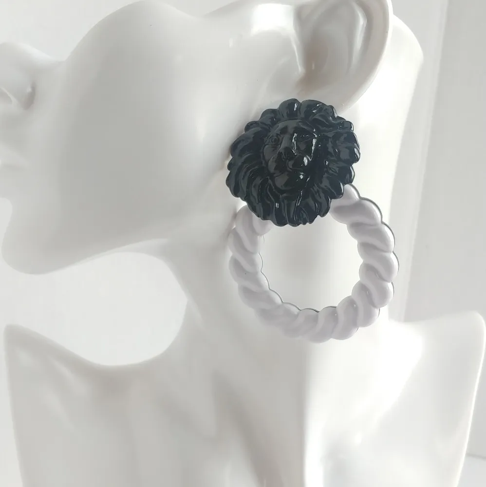 Big Bold Lion Doorknocker Black and White Statement Earrings - Image 3