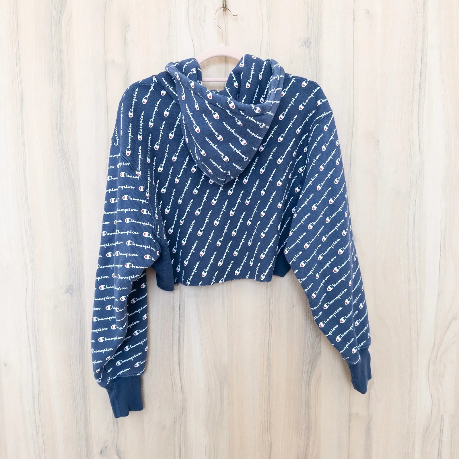 Champion Reverse Weave All Over Logo Cropped Hoodie Size M Navy Y2K Sporty - Image 6