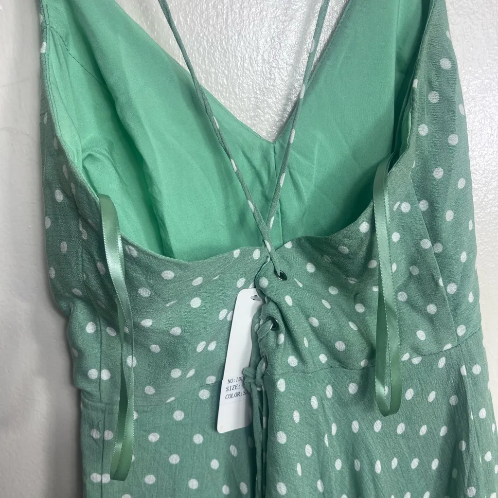 Ina Mint  mini 100 % rayon summer Green Dress with White Dots L - Image 4