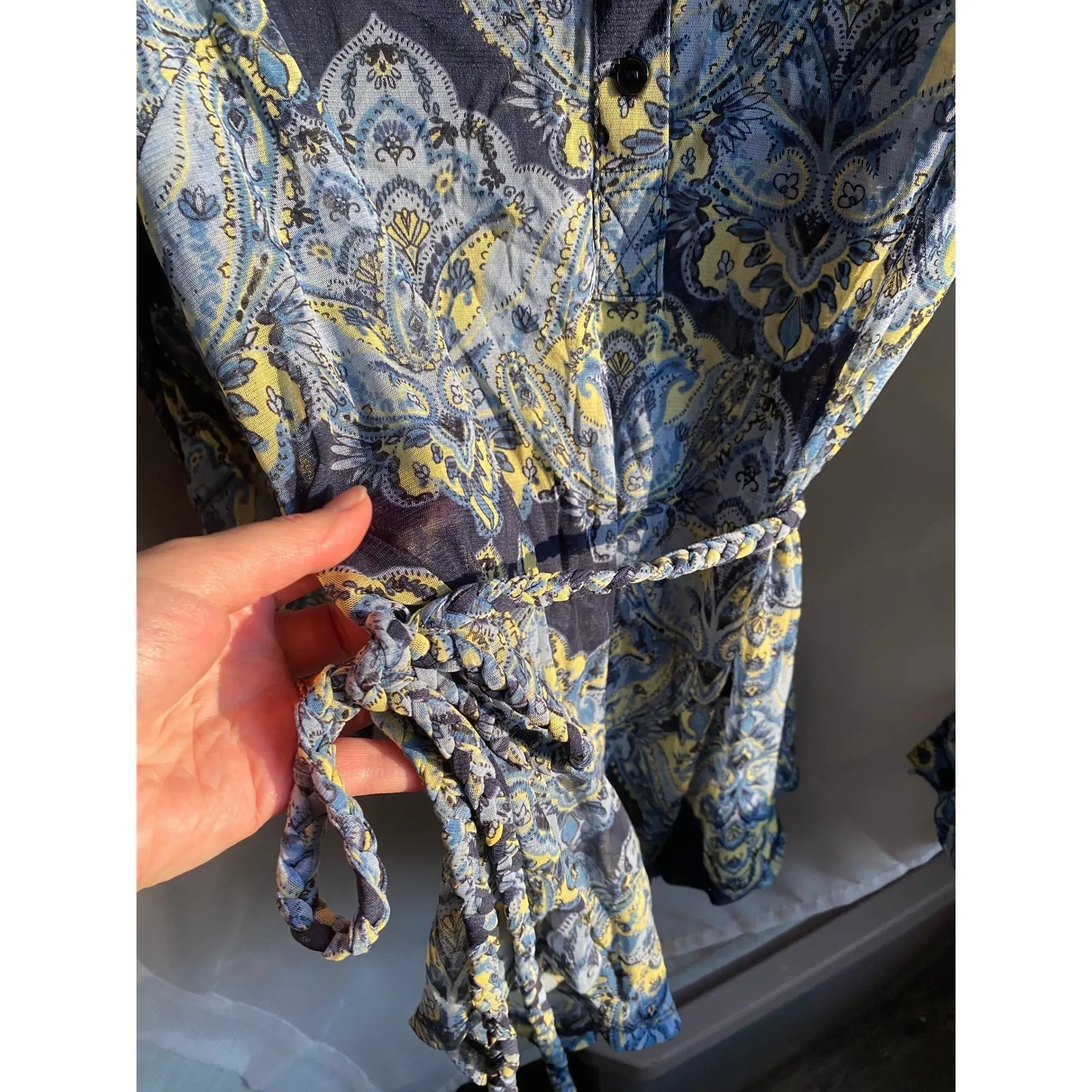 Y2K Mesh Paisley Cinched Blue Tunic Top 1X Sheer Siren Fairy Bohemian Sleaze - Image 4