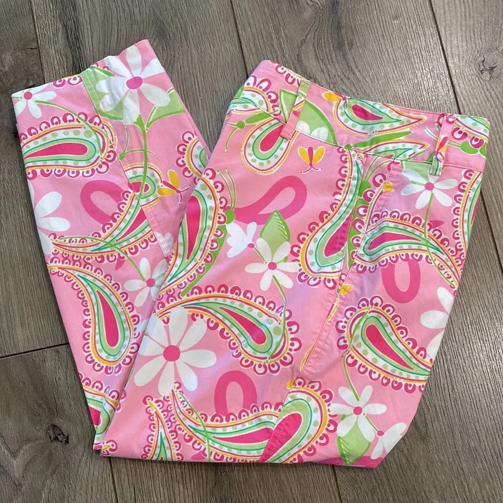 Lilly Pulitzer Vintage Cheeri-O Pants Pink Paisley Floral Butterfly Crop Capri 0 - Image 2