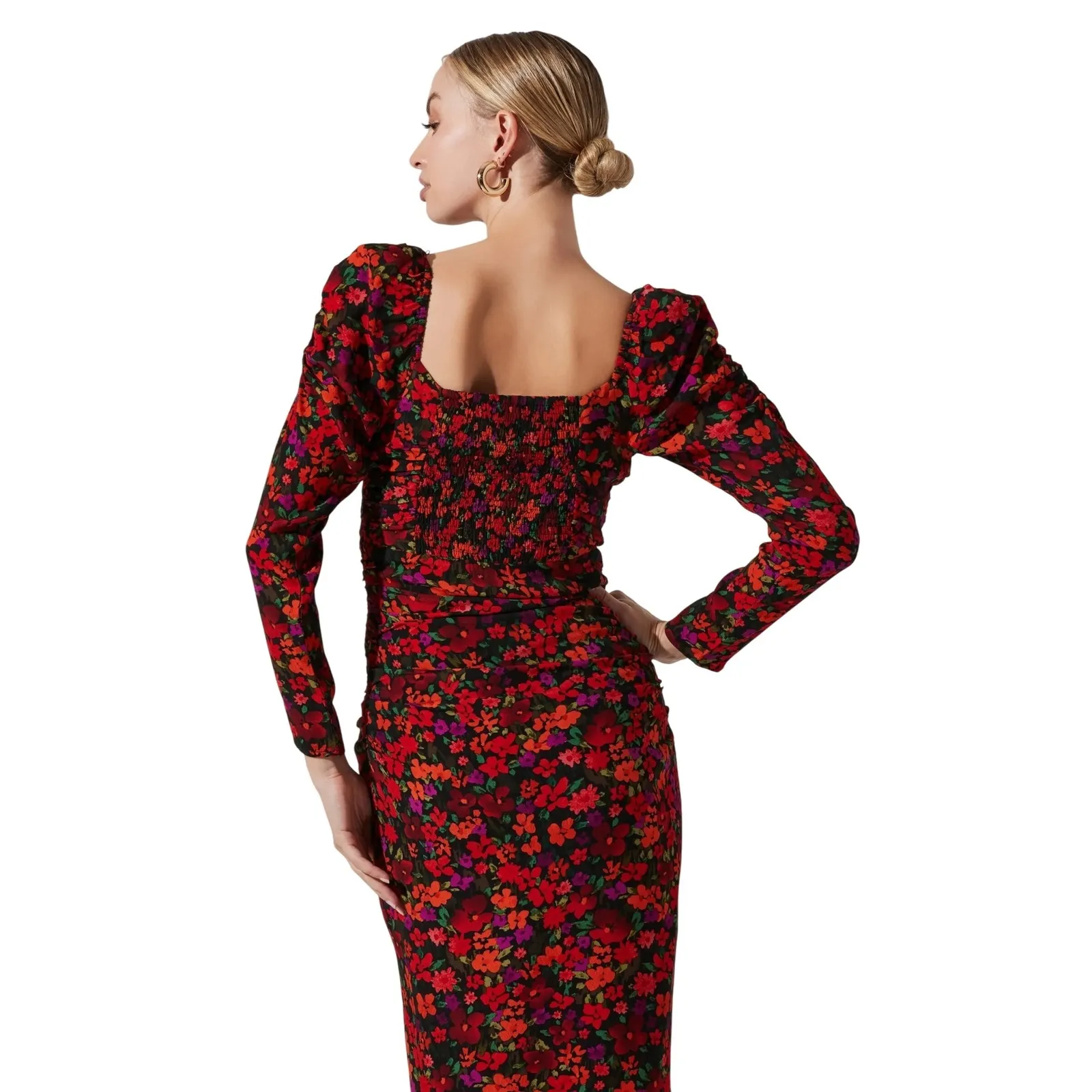 ASTR The Label Jamila Red Floral Puff Sleeve Ruched Bodycon Midi Dress M EUC - Image 13