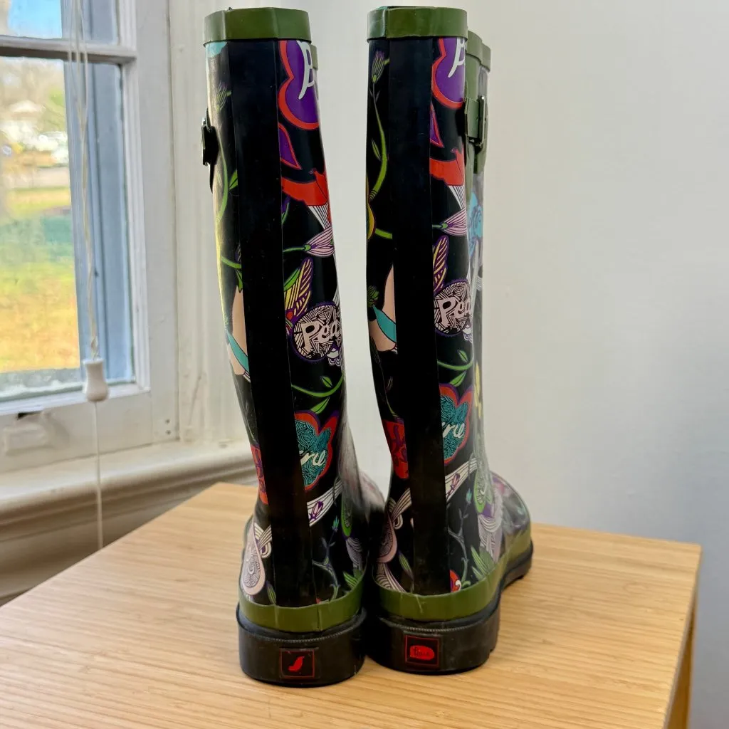 Rubber Tall Rain Boots Forest Green Wellies The Sak Peace Nature Womens Size 8 - Image 2