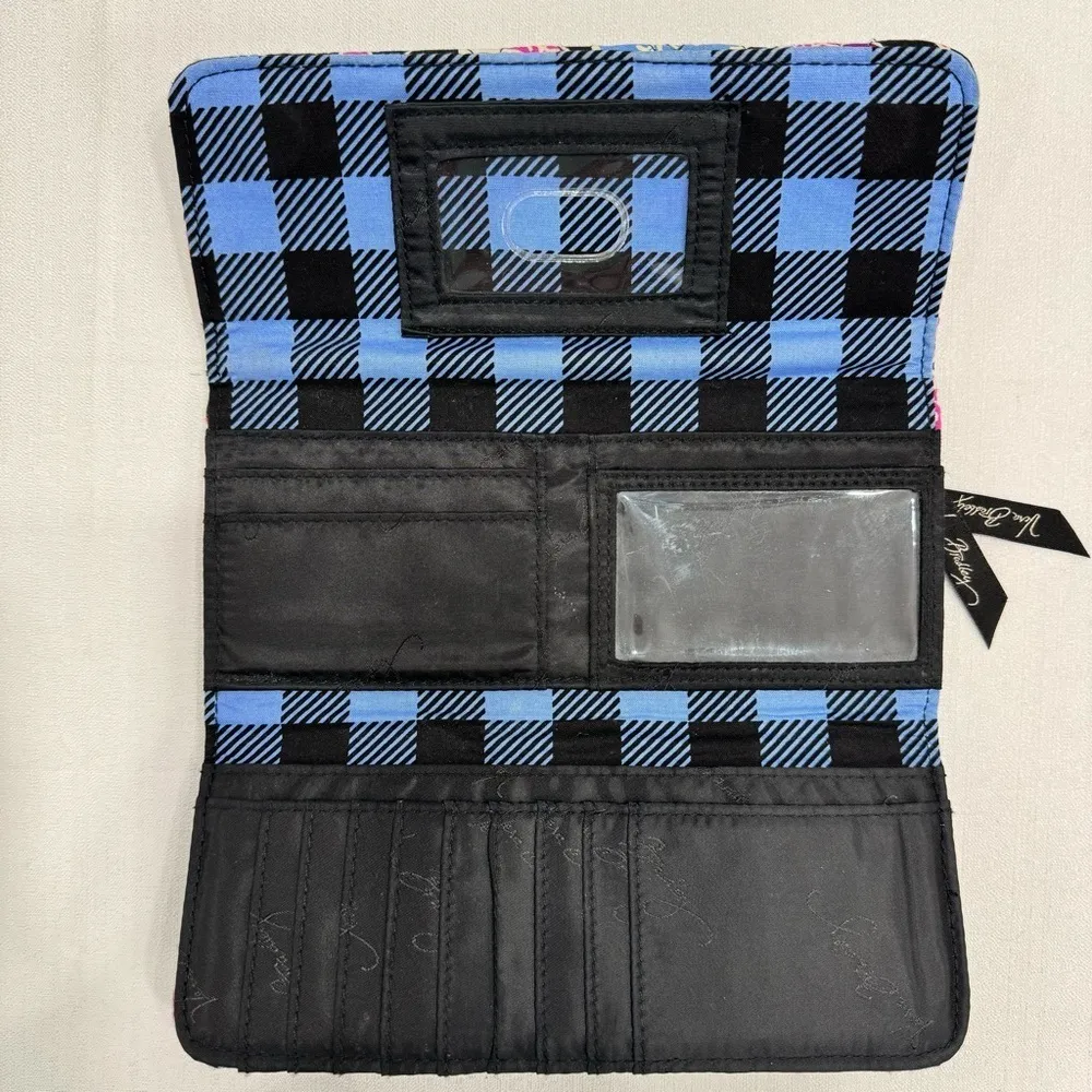 Vera Bradley Black Purple Blue White Boho Floral Wallet Blue Plaid Interior - Image 2