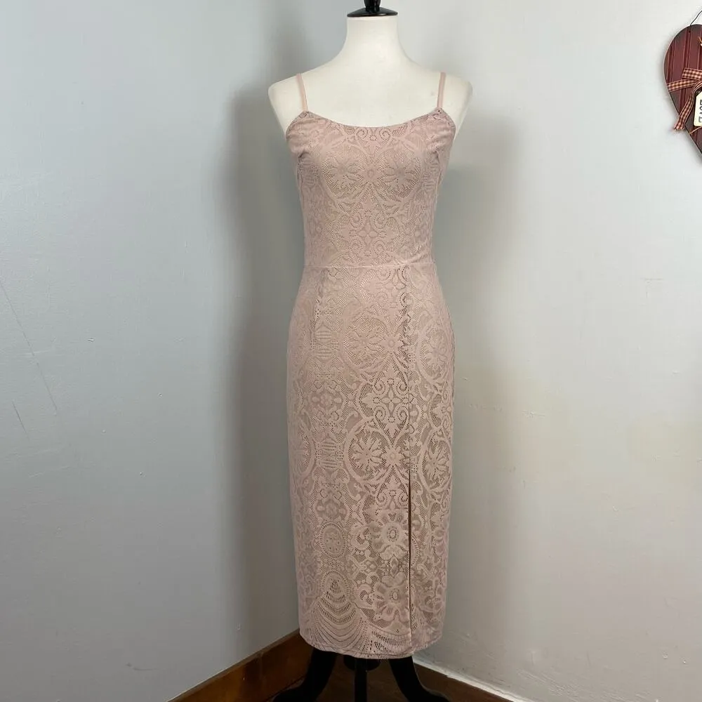 Dress the Population Nude Pink Zahra Lace Front Slit Midi Dress Small Sample - Image 3