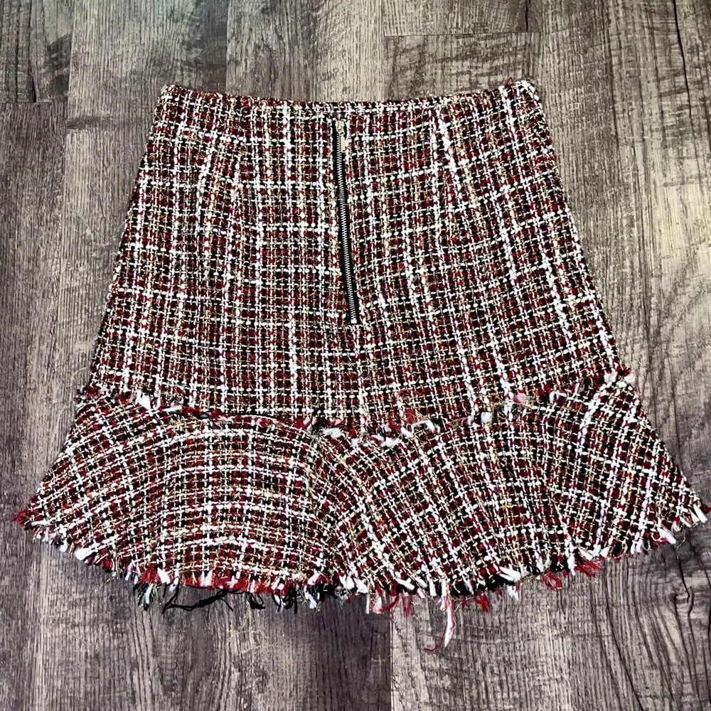 Plaid Tweed Mini Skirt Large Metallic Ruffle Drop Waist Frayed Academia - Image 11