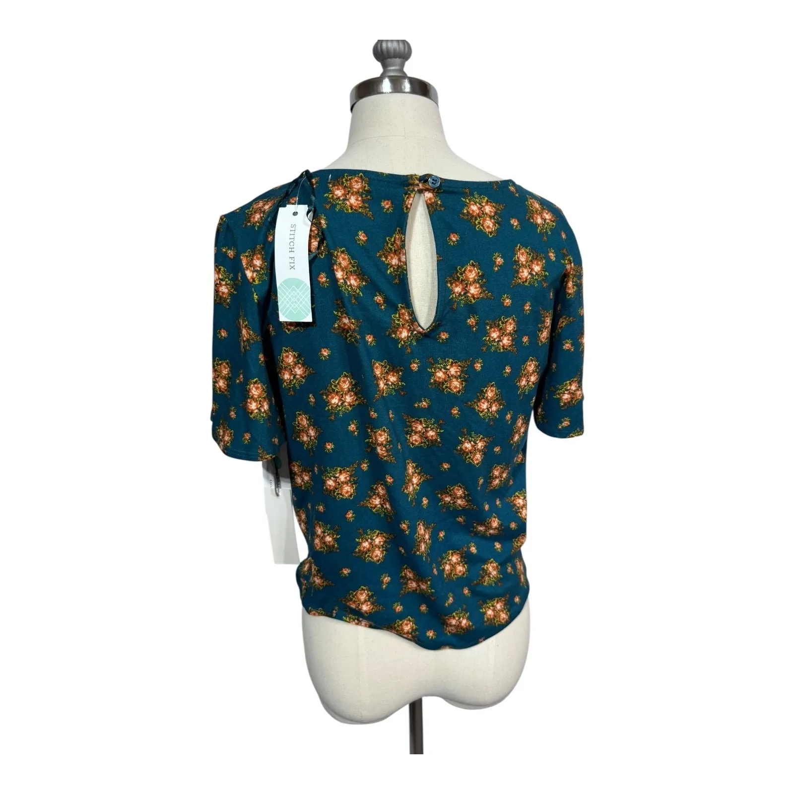Nine Britton Maybelle Tie Front Floral Print Knit Short Sleeve Top Teal Small ew - Image 5