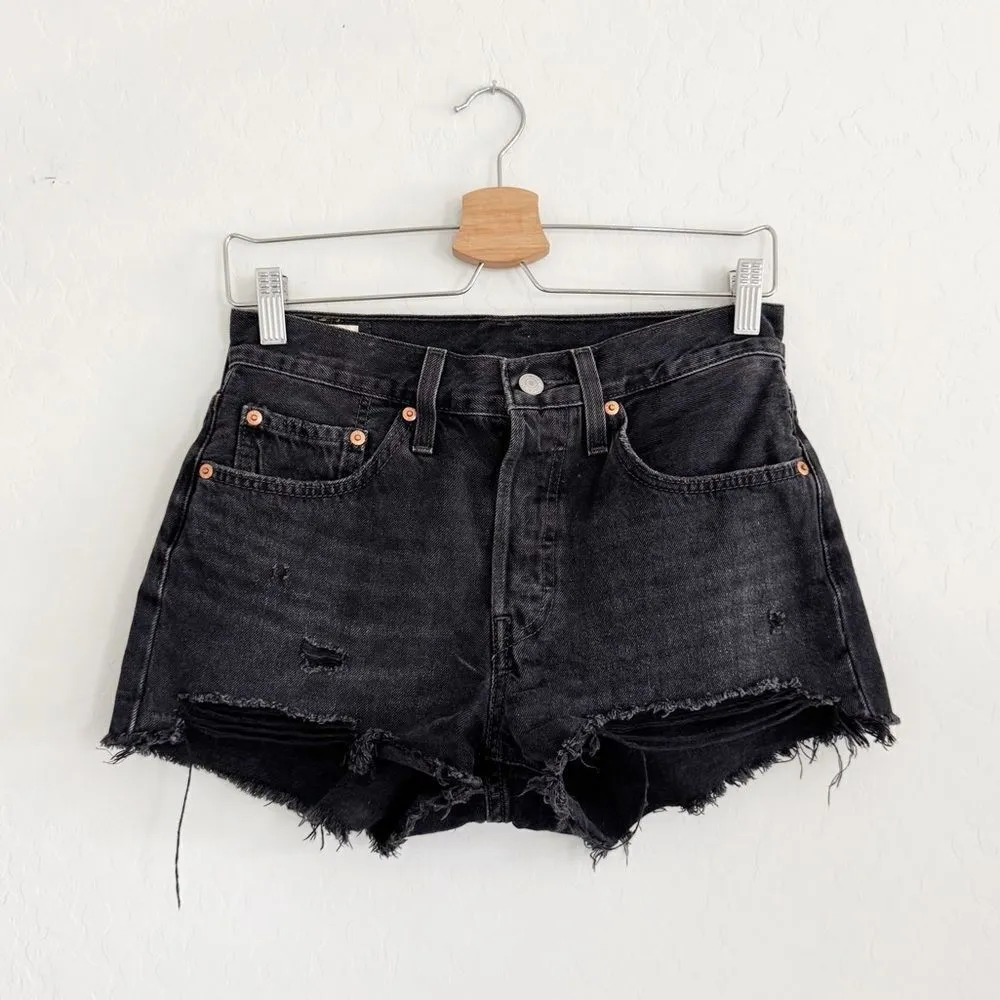 LEVI’S 501 Wise Up Black High Rise Original Denim Jeans Shorts Distressed Sz 26 - Image 10