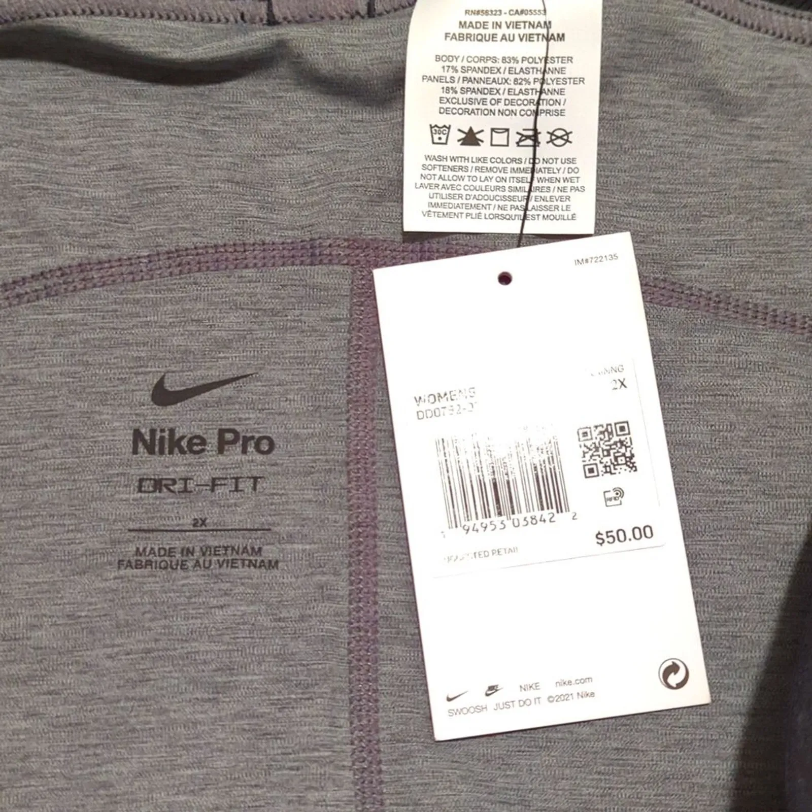 $50 Nike Pro NWT Plus 2X Gray Black Dri-Fit Full length leggings‎ - Image 3