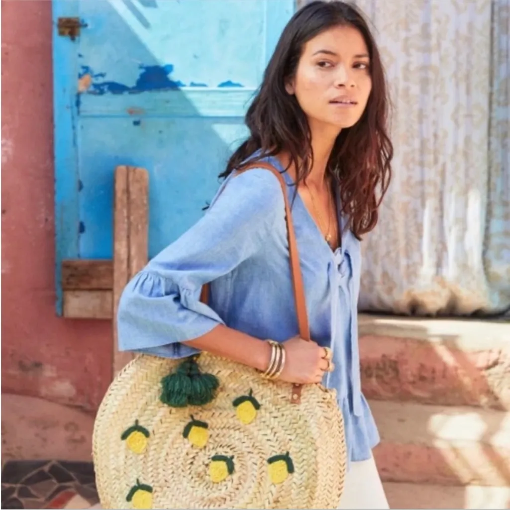 Sezane Anita Chambray Top Lace Up Denim Blouse Bell Sleeve Peplum Size 42 US 10 - Image 4