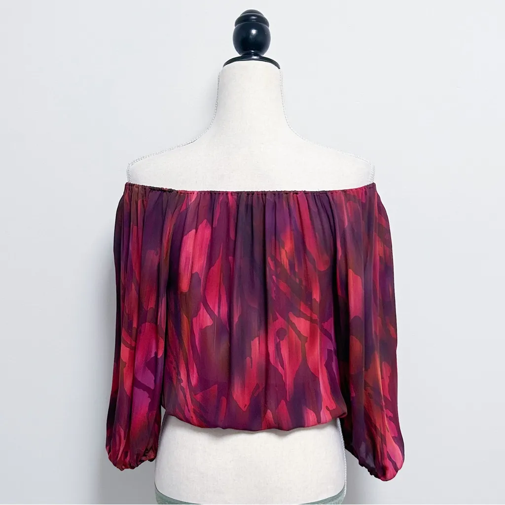 Alice Olivia Red Purple Orange Sheer Off The Shoulder 3/4 Bishop Sleeve Silk Top - Image 5