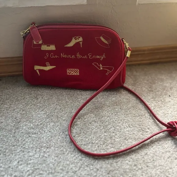 Women’s Small Cherry Red “I Can Never Have Enough” Embroidered Shoulder Bag - Image 1