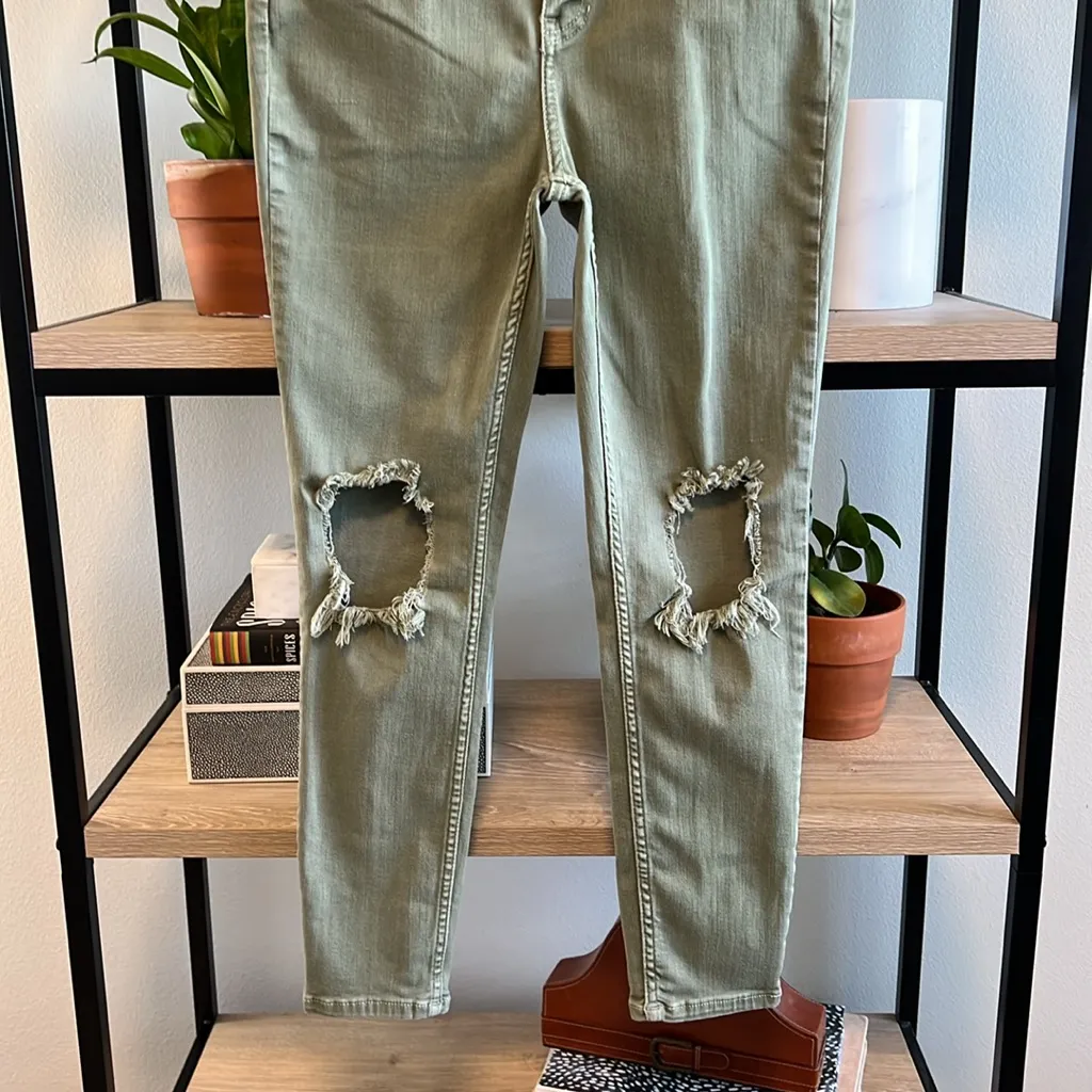 Free People Mid-Rise Distressed Camo Green Stretch Denim Ankle Jeans, 31 - Image 3