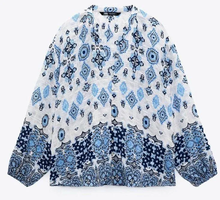 ZARA Womens Blue Printed Oversized Boho Blouse Buttons Flowy Size S - Image 10