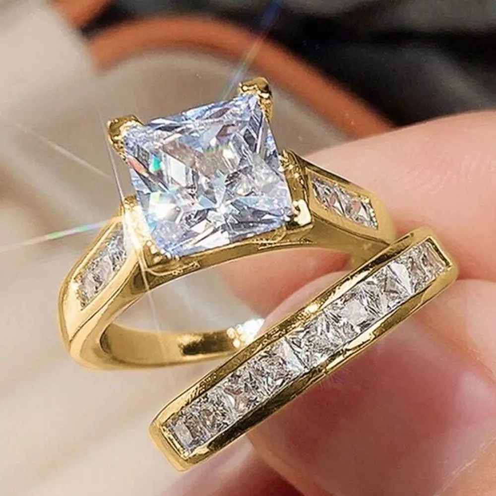 Princess Cut Moissanite Engagement and band set, 14K Yellow Gold Plated Set - Image 6