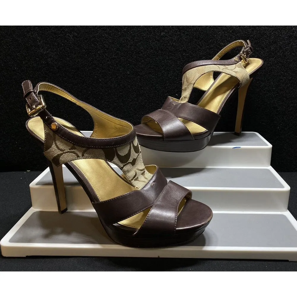 Coach Dita A2744‎ Brown Fabric Logo Strap High Heel Size 9.5 Gold Accents Buckle - Image 2