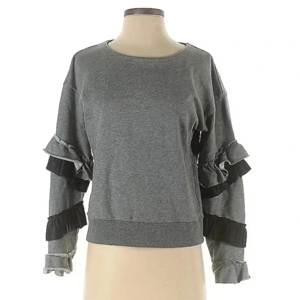 J. Crew | Chic Charcoal Grey Ruffle Sleeves Boho Vibes Crew Neck Sweater Size XS - Image 4