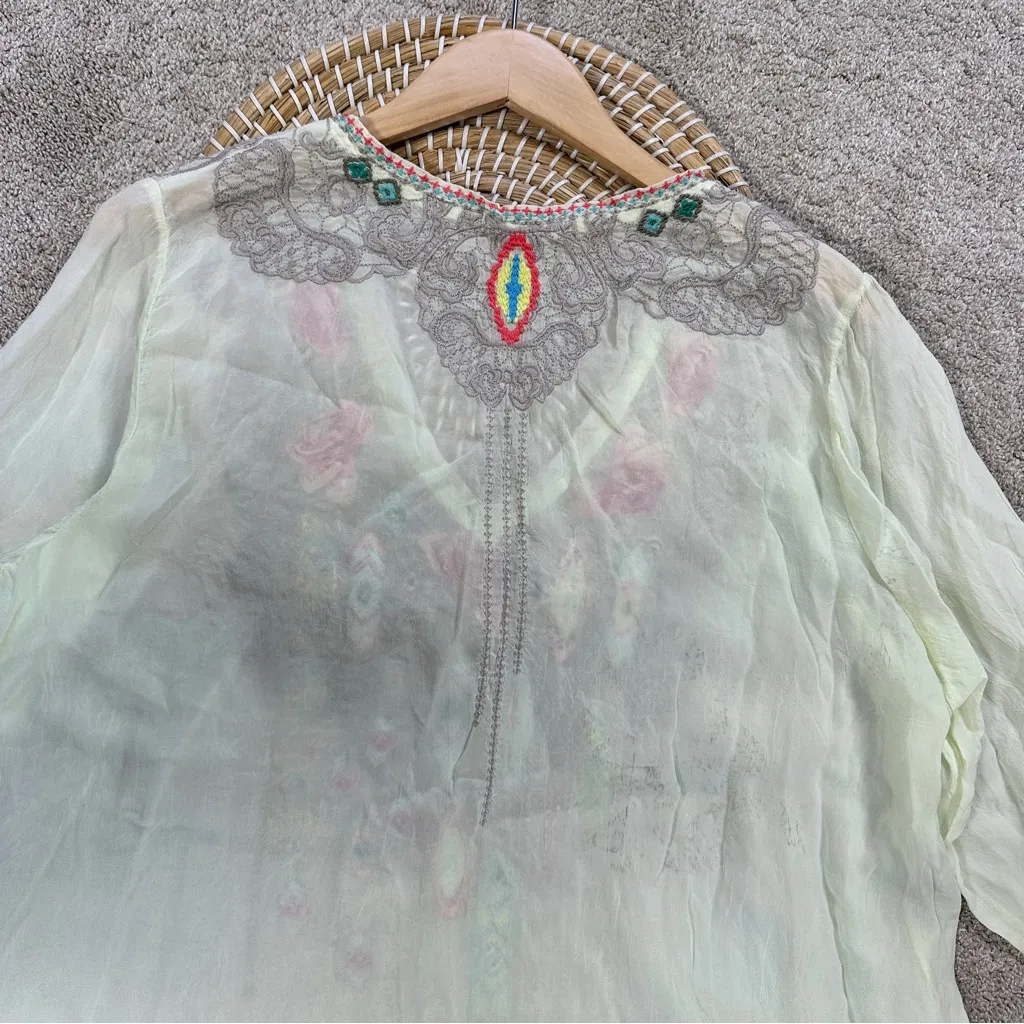 Johnny Was Women’s Floral Embroidered V-Neck Blouse Top Sheer in Mint Green 1X - Image 7