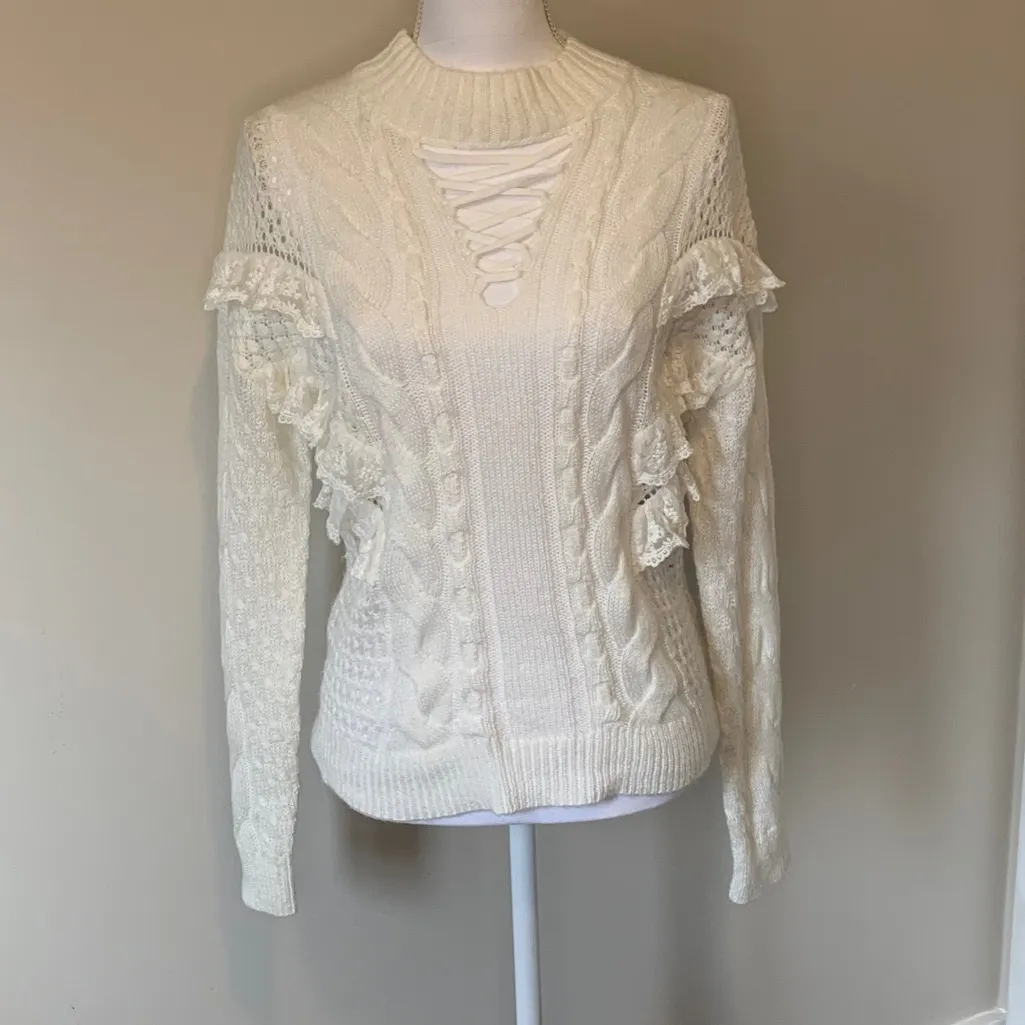 Torn by Ronny Kobo Ruffle Lace Up Sweater Size S - Image 9