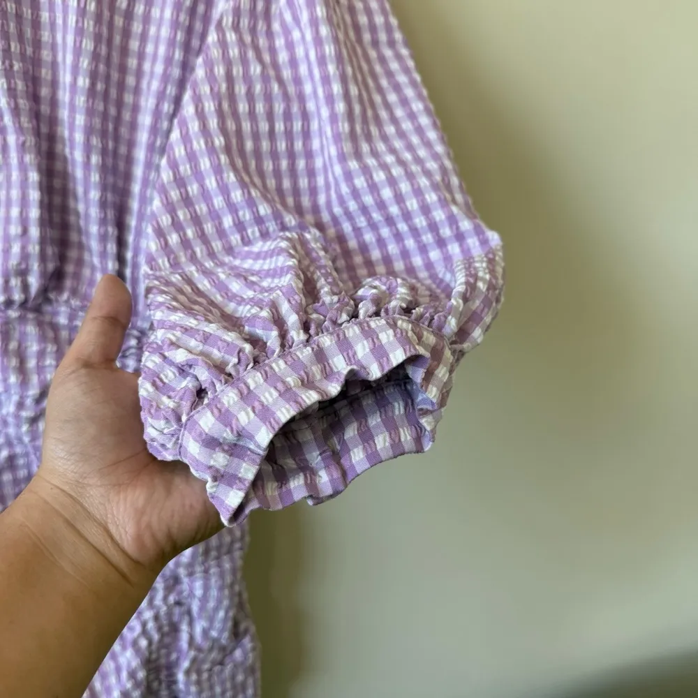 Zara Lilac Purple White Gingham Check Puff Sleeve Ruched Hem Mini Dress - Image 4