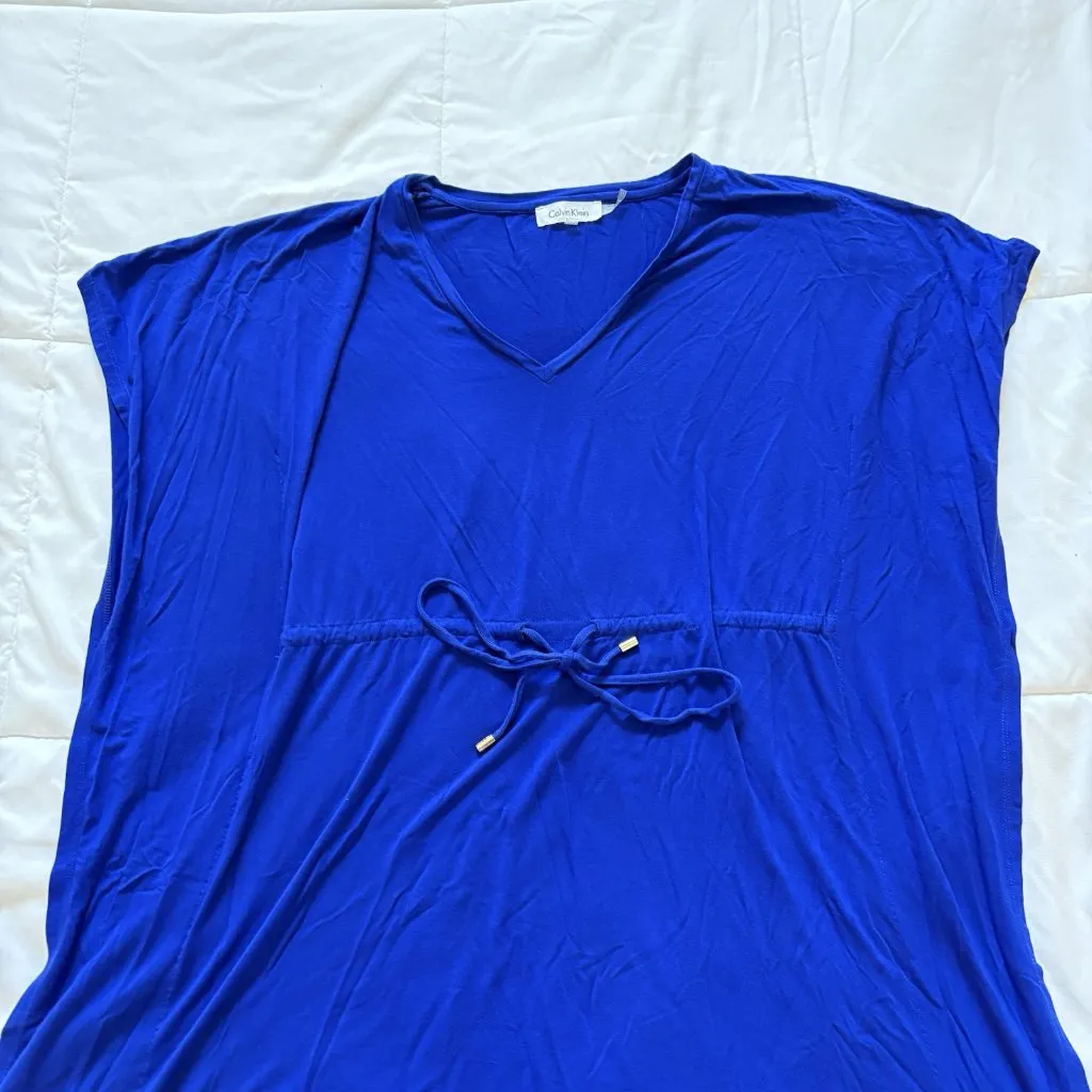 Calvin Klein Womens Small Medium Blue Black Tropical Cover Up Dress Tie Beach - Image 2