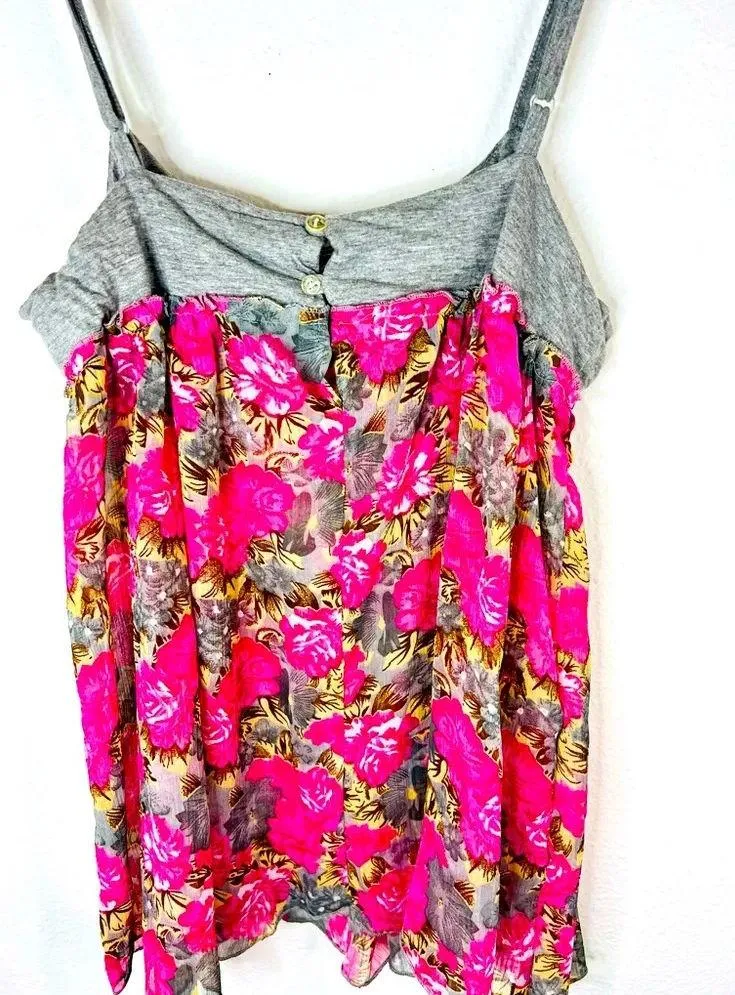 Rue21 Babydoll Tank Grey Top Pink Floral Mesh Bottom Layer Polyester Size Small - Image 6