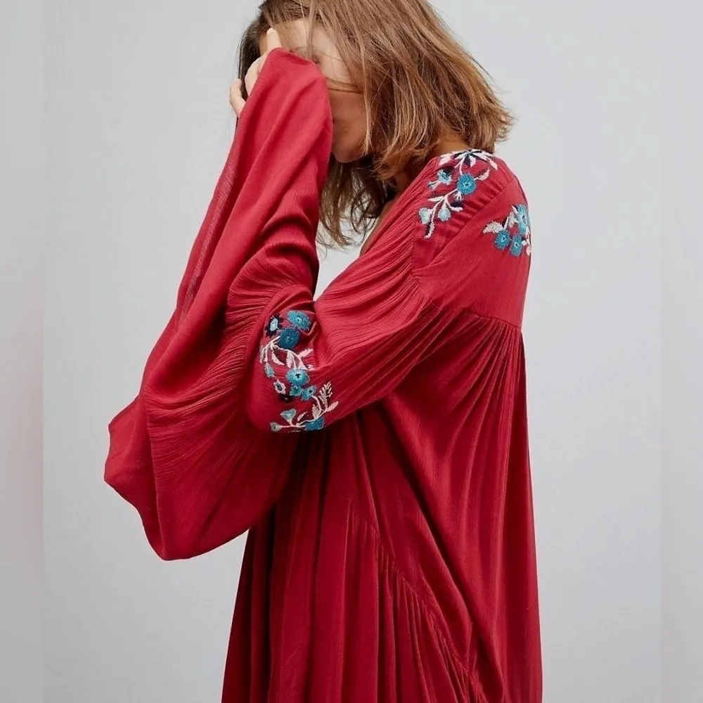 Free People Te Amo Red Embroidered Babydoll Mini Dress Sz Large - Image 4