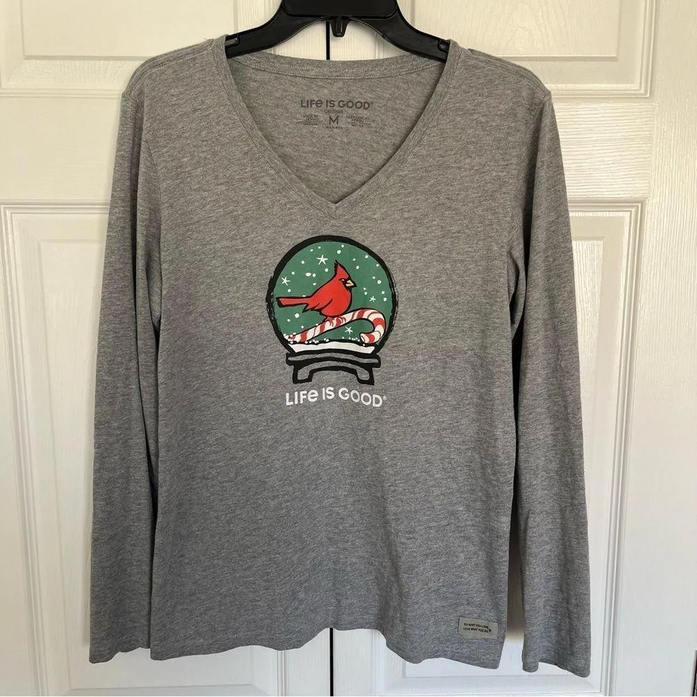 Women’s Life Is Good Grey Snowglobe Cardinal Long Sleeve  Shirt Size M - Image 2